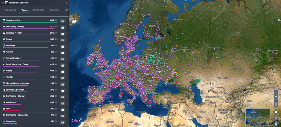 A map highlighting the security incidents reported by Intelligence Fusion across Europe in 2020.